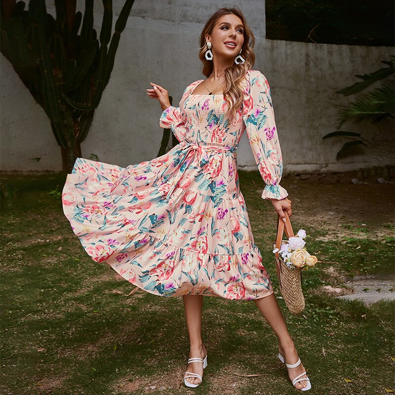 Simplee Floral slash neck long sleeve ruffle print summer dress women Holiday beach belt vestido Square collar elastic dresses