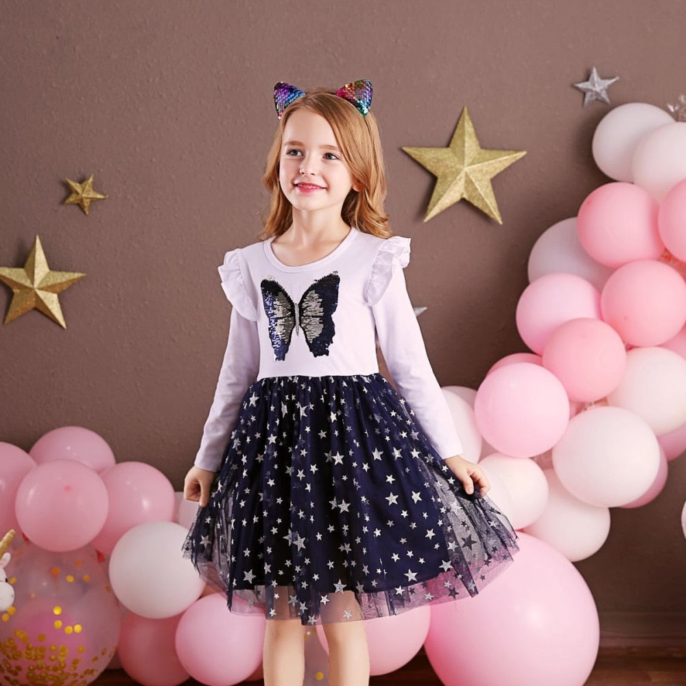 VIKITA Autumn Girls Dress Butterfly Sequins Kids Long Sleeve Dresses Baby Girls Princess Dress Party Clothes Birthday Dresses