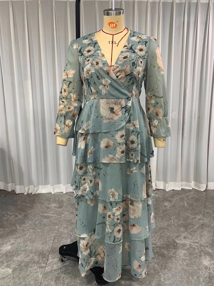 TOLEEN Women Large Plus Size Maxi Dresses 2022 Spring Green Casual Chic Elegant Long Sleeve Floral Party Evening Female Clothing