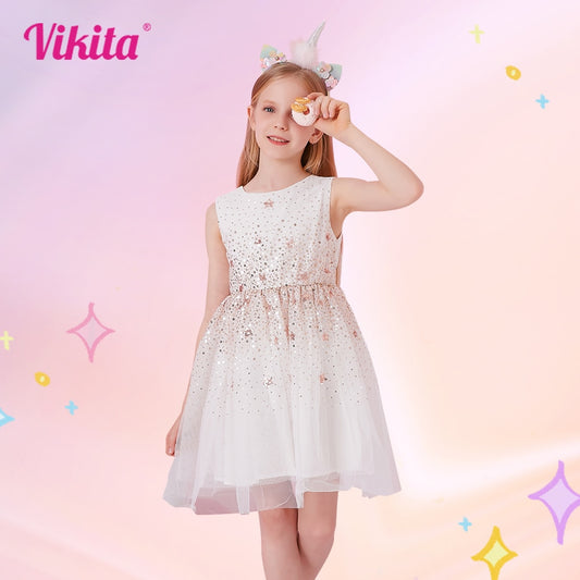 VIKITA Girls Sleeveless Summer Dress Kids Star Sequined Party Shiny Dress Children Mesh Elegant Princess Casual Costumes 3-8Yrs