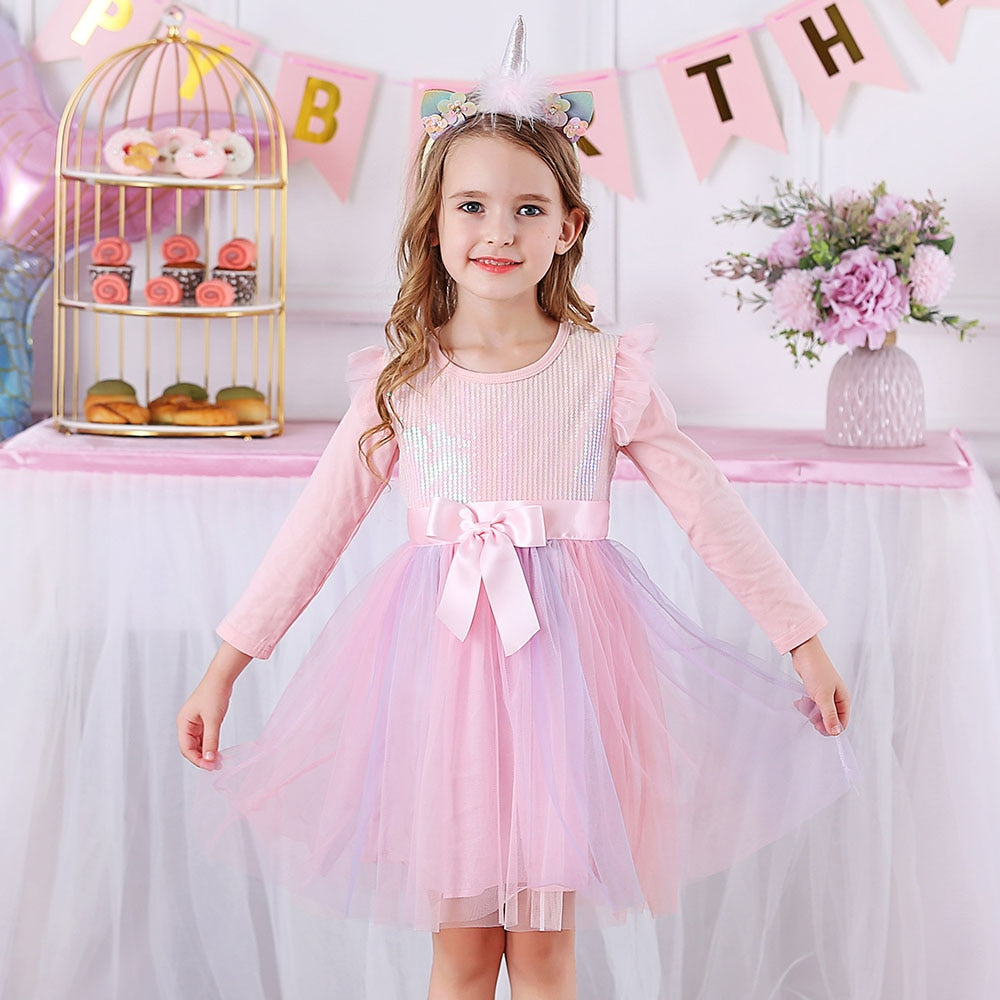 VIKITA Girls Princess Dress Unicorn Sequins Long Sleeve Autumn Dress Kids Birthday Party Wedding Tulle Dresses Children Clothing