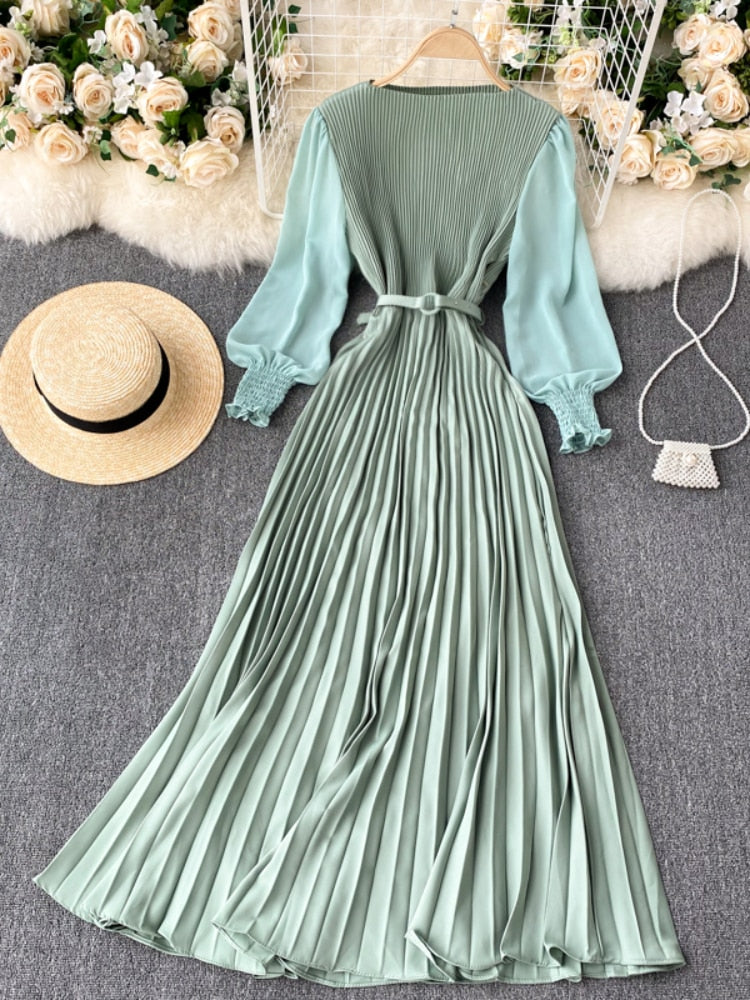 New 2021 Women Elegant Maxi Dress Spring Summer Patchwork Puff Long Sleeve Pleated Muslim Long Dresses Ladies Party Dress