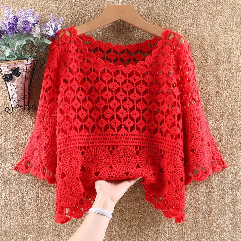 Spring and Summer Knitted Crochet Solid Color Hollow Jacket New Fashion Loose Round Neck Five-point Sleeve Handmade Top Female