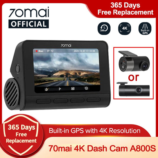 70mai 4K Dash Cam A800S Built-in GPS ADAS 140FOV 70mai Camera Car DVR A800S 24H Parking Monitior Support Rear or Interior Cam