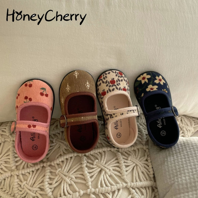 HoneyCherry New Corduroy Floral Canvas Shoes Girls Square Mouth Indoor Shoes Soft Soled Non-slip Shoes