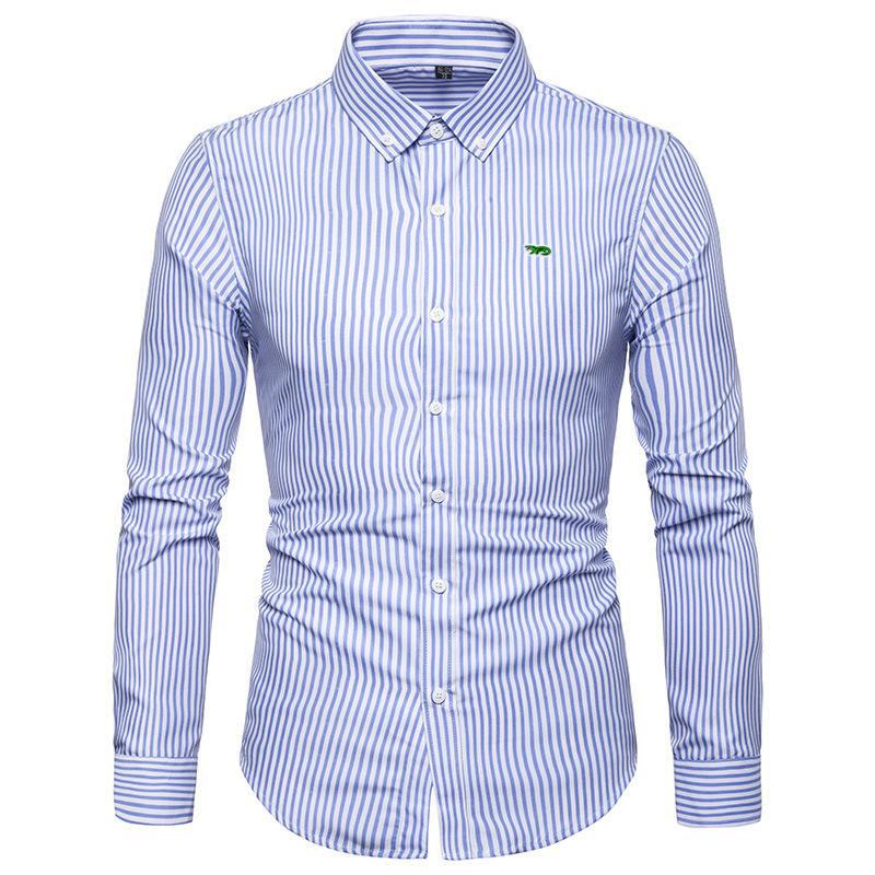 M-5XL Men's Shirt Business Brand Design Embroidery- Logo Casual Striped Blouse Hommes Clothing Male Fashion Slim Dress Shirts