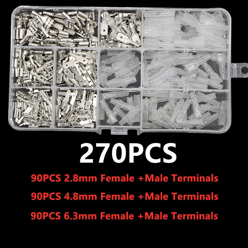 270Pcs 2.8mm 4.8mm 6.3mm Plug Spring Female Male Spade Cold Crimp Terminals Connector Car Speaker Electrical Wire Connectors Set