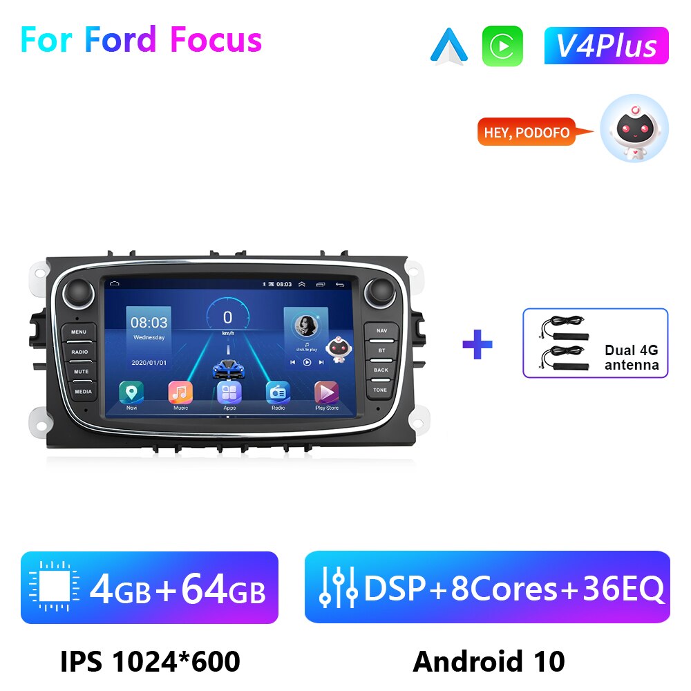 Podofo Car Radio Android 10 8+128GB GPS WIFI 4G For Ford Focus S-Max Mondeo Galaxy C-Max 7 Inch Car Multimedia player Autoradio