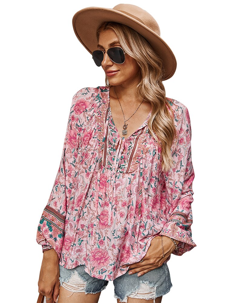 GAOVOT Women's Leisur Tie Neck Top Loose Floral Print Blouses Shirts Long Sleeve Beach Autumn Blusas Mujer