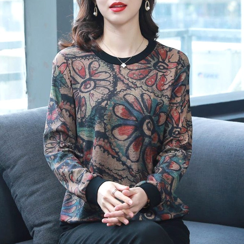 Fashion Skinny O-neck Vintage Print Long Sleeved T-shirts Spring Autumn Floral Elegant Popularity Trend Women's Clothing