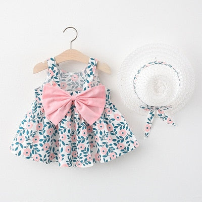 Summer Toddler Girl Clothes Set Baby Beach Dresses Cute Bow Plaid Sleeveless Cotton Newborn Princess Dress+Sunhat