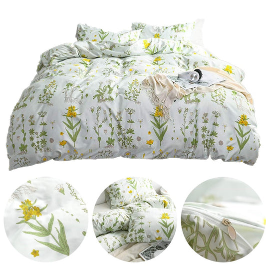 3 Pcs Queen Floral Duvet Covers Set Botanical Bedding Yellow Flowers and Green Leaves Comforter Cover Soft Lightweight Microfibe