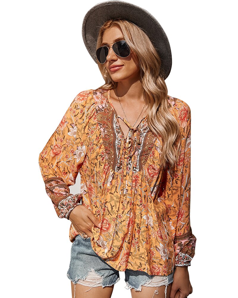 GAOVOT Women's Leisur Tie Neck Top Loose Floral Print Blouses Shirts Long Sleeve Beach Autumn Blusas Mujer