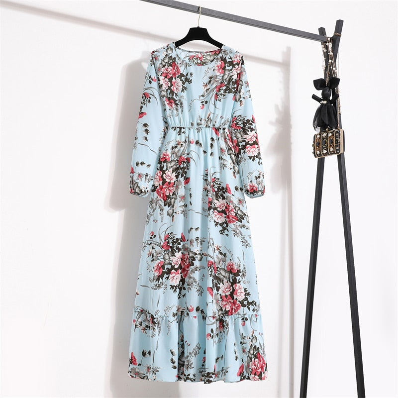 Spring Women Maxi Dresses Casual Full Sleeve Floral Printed O-neck Woman Bohe Beach Party Long Dress Mujer Vestidos Dropshipping