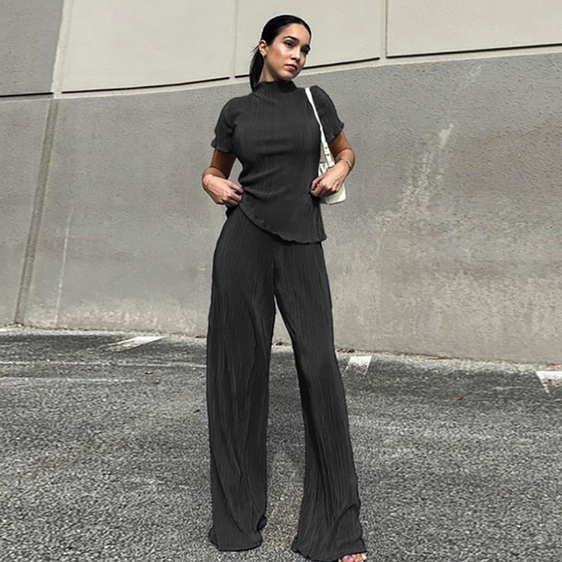 Spring Women's Shirt Pleated Two Piece Set Loose High Waist Wide Leg Pants Suit 2022 Casual Elegant Office Ladies Female Outfit