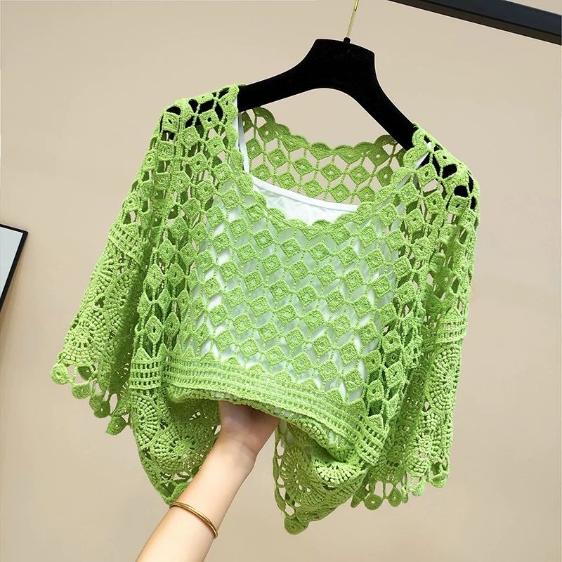 Spring and Summer Knitted Crochet Solid Color Hollow Jacket New Fashion Loose Round Neck Five-point Sleeve Handmade Top Female