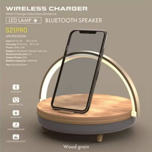 S21 Pro Bluetooth Speaker Wood Wireless Chargers LED Lamp Music Bedside Lamp Wireless Charger for Women Men Dad Mom