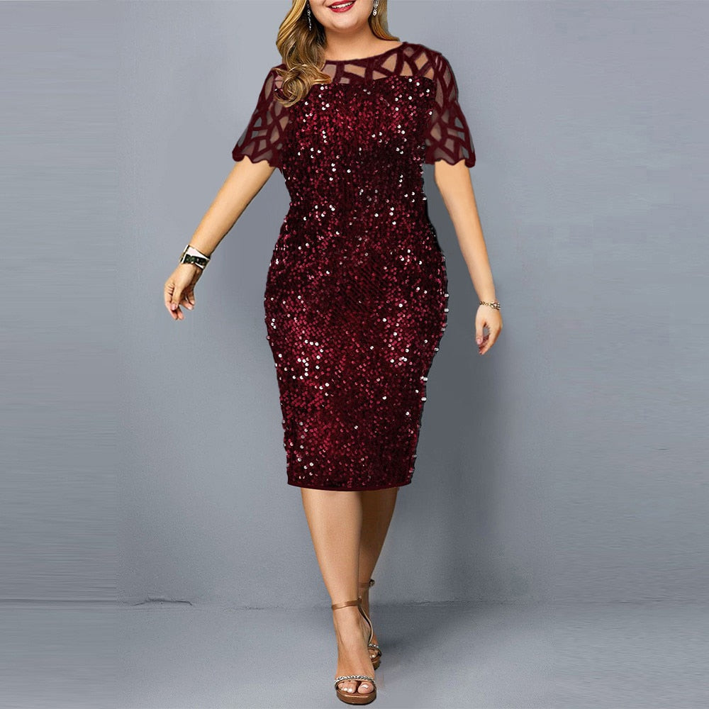 Plus Size Dresses Elegant Sequin Slim Party Dress for Women 2022 Summer Mesh Short Sleeve Midi Evening Club Dress Casual Outfits