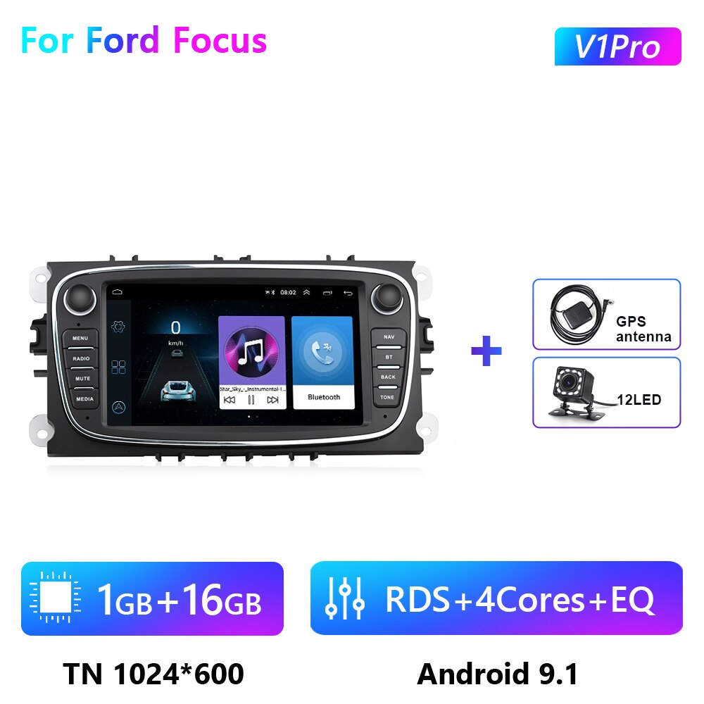 Podofo Car Radio Android 10 8+128GB GPS WIFI 4G For Ford Focus S-Max Mondeo Galaxy C-Max 7 Inch Car Multimedia player Autoradio