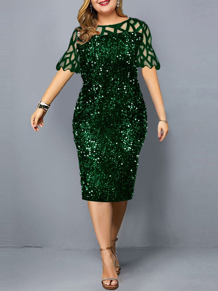 Plus Size Dresses Elegant Sequin Slim Party Dress for Women 2022 Summer Mesh Short Sleeve Midi Evening Club Dress Casual Outfits