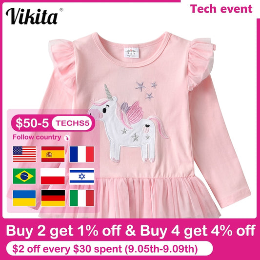 VIKITA Girls Cotton Tees Tops Unicorn Embroidery Long Sleeve T shirts Children Animals Clothing Autumn Spring Cartoon T shirts