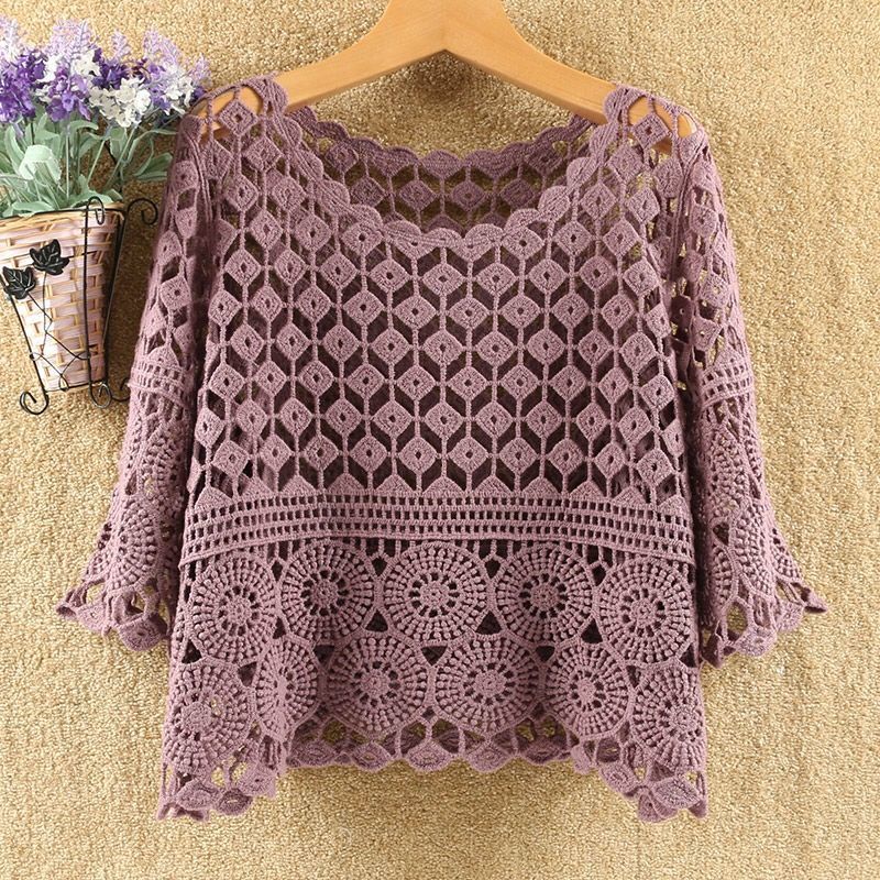 Spring and Summer Knitted Crochet Solid Color Hollow Jacket New Fashion Loose Round Neck Five-point Sleeve Handmade Top Female