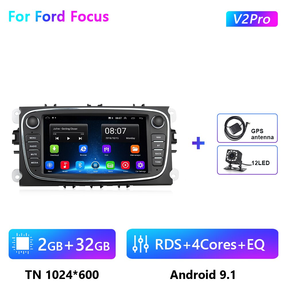 Podofo Car Radio Android 10 8+128GB GPS WIFI 4G For Ford Focus S-Max Mondeo Galaxy C-Max 7 Inch Car Multimedia player Autoradio