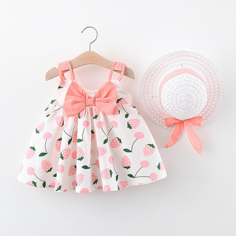 Summer Toddler Girl Clothes Set Baby Beach Dresses Cute Bow Plaid Sleeveless Cotton Newborn Princess Dress+Sunhat