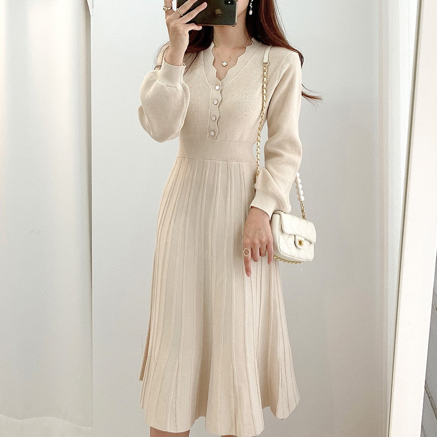 Vintage One Piece Korean Pleated Dress Long Sleeve Slim Woman Sweater Dresses Knitted Elegant Midi Party Woman Dress Autumn 2022