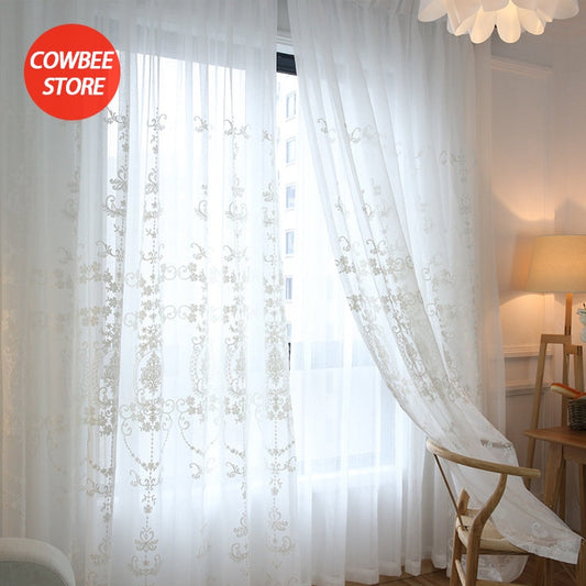 Embroidered White Tulle Sheer Curtains for Living Room Curtains for Bedroom Wedding Voile Flower Drapes Windows Backdrop Europe
