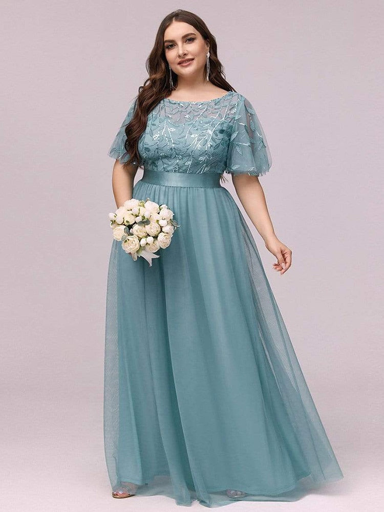 2022 NEW Plus Size Dress  Robe De Soiree Sparkle Evening Dresses Long A-Line O-Neck Short Sleeve LONG Formal Dresses