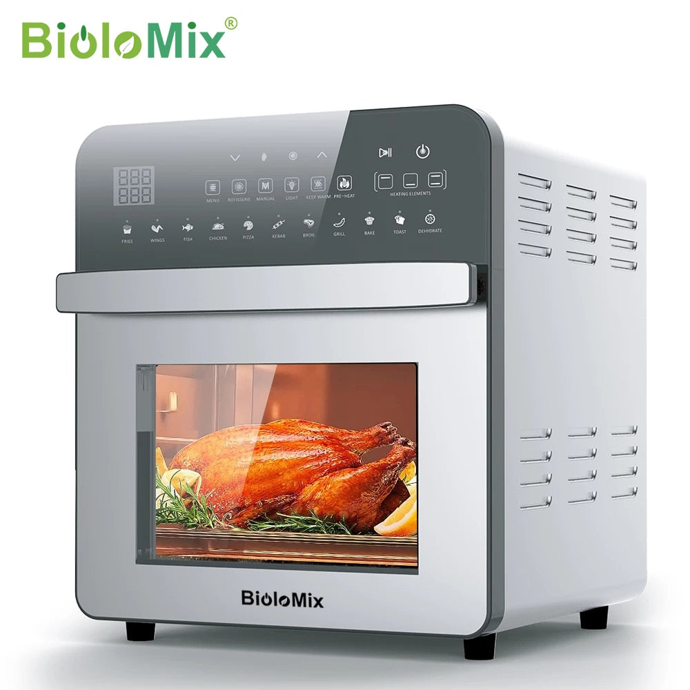 BioloMix Stainless Steel Dual Heating Air Fryer Oven Oil Free, Toaster Rotisserie and Dehydrator, 11 in 1, 15 L, 1700 W