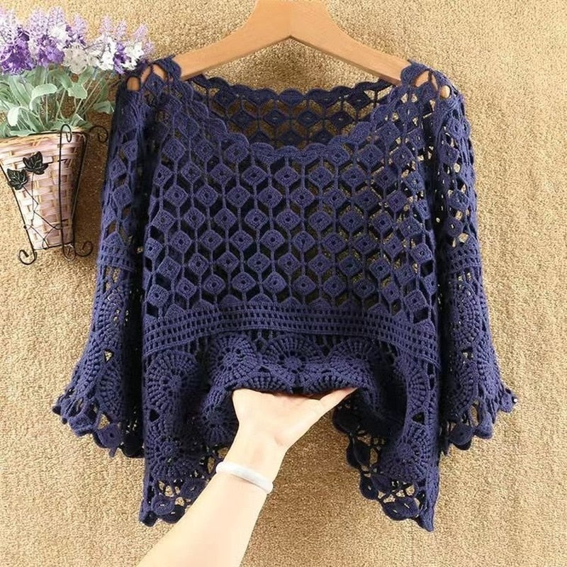 Spring and Summer Knitted Crochet Solid Color Hollow Jacket New Fashion Loose Round Neck Five-point Sleeve Handmade Top Female