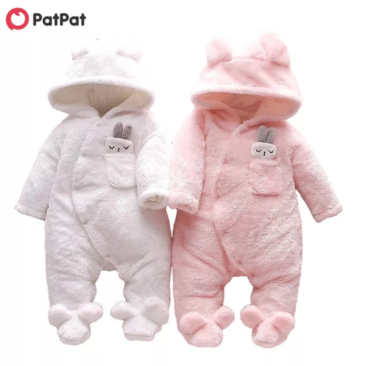 PatPat Baby Girls Clothes Solid Fleece Rabbit Hooded Footed / Long-sleeve Baby Jumpsuit Unisex Baby Winter Clothes for Newborn