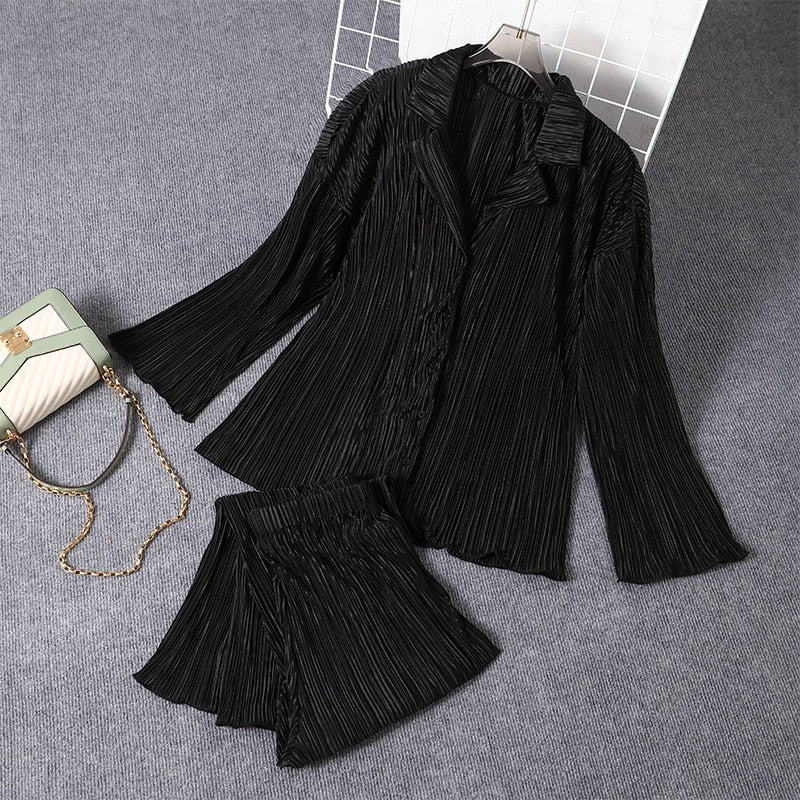 Spring Women's Shirt Pleated Two Piece Set Loose High Waist Wide Leg Pants Suit 2022 Casual Elegant Office Ladies Female Outfit