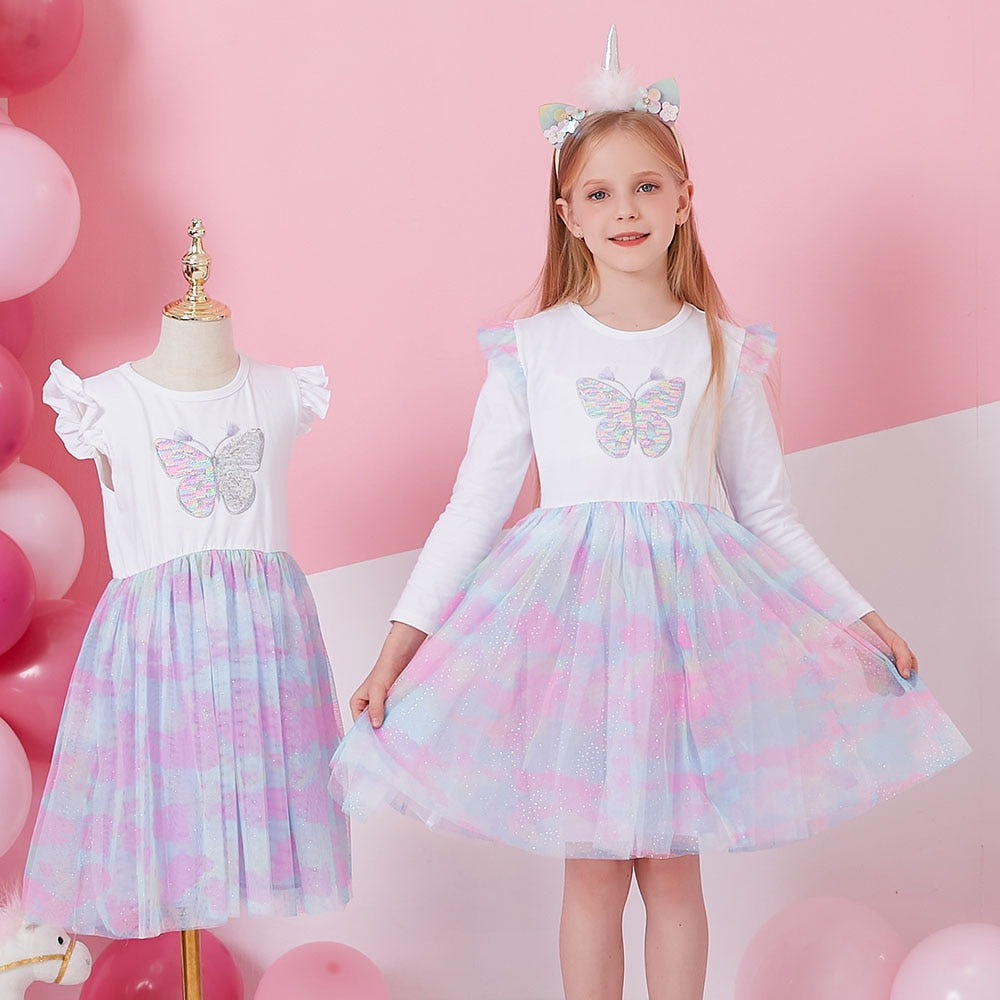 VIKITA Autumn Girls Dress Butterfly Sequins Kids Long Sleeve Dresses Baby Girls Princess Dress Party Clothes Birthday Dresses