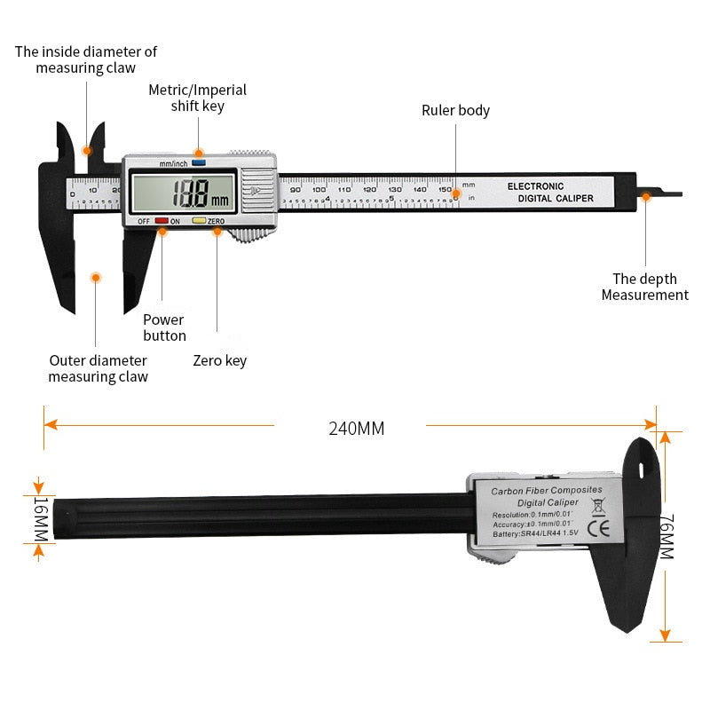 150mm Electronic Digital Caliper Carbon Fiber Dial Vernier Caliper Gauge Pachometer Digital Micrometer Measuring Tools