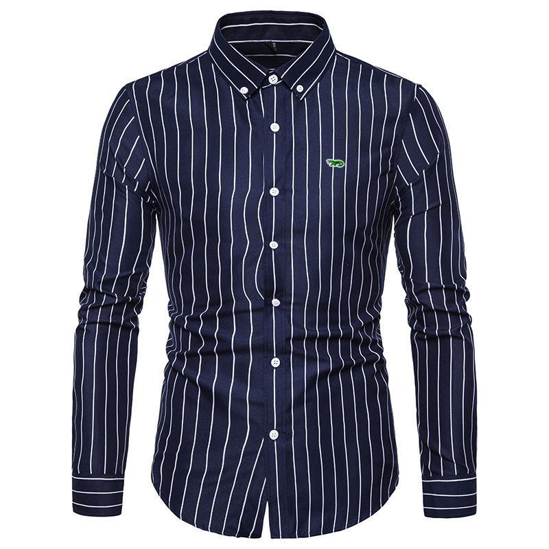 M-5XL Men's Shirt Business Brand Design Embroidery- Logo Casual Striped Blouse Hommes Clothing Male Fashion Slim Dress Shirts