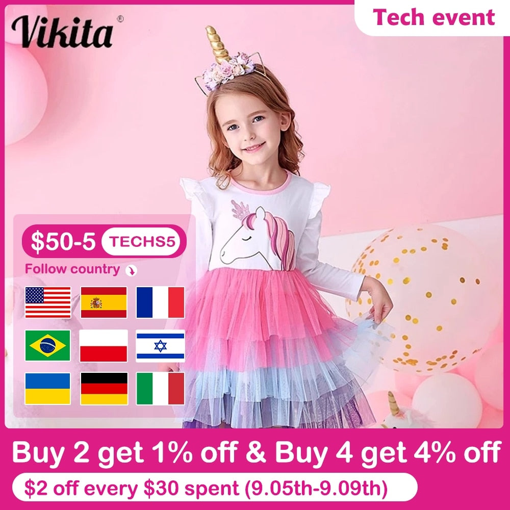 VIKITA Girls Princess Dresses Kids Cartoon Vestidos Children Autumn Dress Kids Dress for Girls Long Sleeve Unicorn Dresses