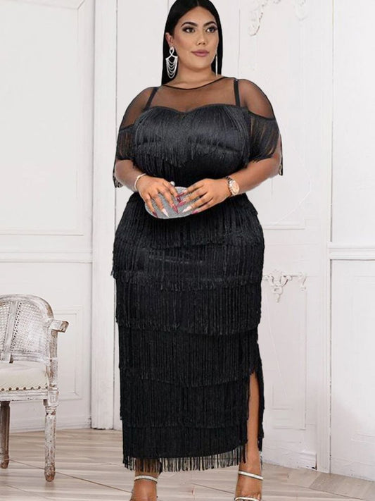 Black Dresses Women Sexy Bodycon Short Sleeve Tassel Ankle Length Elegant Evening Party Occasion Event Robe XXL 2022 Summer New