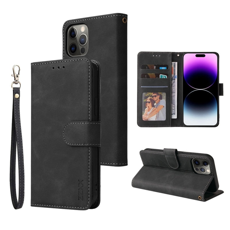 Wallet Hand Rope Magnetic Flip Leather Case For iPhone 14 Pro 14 Plus 13 Pro 13 Mini 11 Pro SE 2022 XS XR 8 Plus 7 Plus 6S Cover