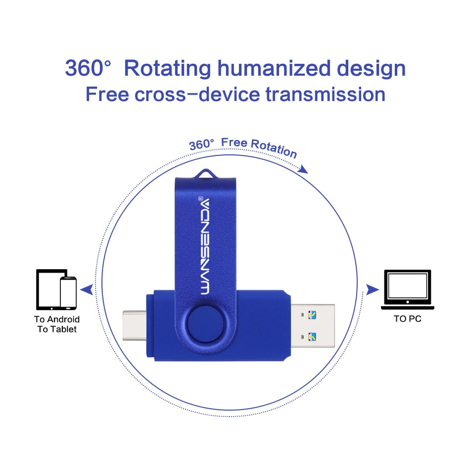 New WANSENDA USB 3.0 TYPE C USB Flash Drive OTG Pen Drive 512GB 256GB 128GB 64GB 32GB 16GB USB Stick 2 in 1 High Speed Pendrive