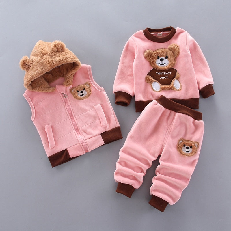 Autumn Winter Baby Boys Clothes Sets Thick Fleece Cartoon Bear Jacket Vest Pants 3Pcs Cotton Sport Suit For Girls Warm Outfits