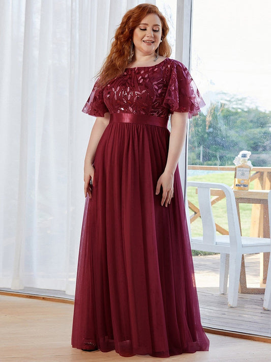 2022 NEW Plus Size Dress  Robe De Soiree Sparkle Evening Dresses Long A-Line O-Neck Short Sleeve LONG Formal Dresses