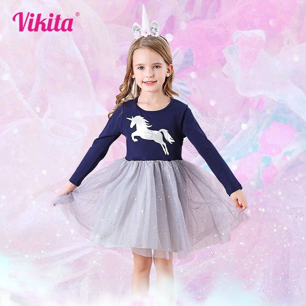 VIKITA Children Unicorn Dresses Girls Birthday Party Performance Prom Gown Elegant Dress Toddlers Long Sleeve Princess Dresses