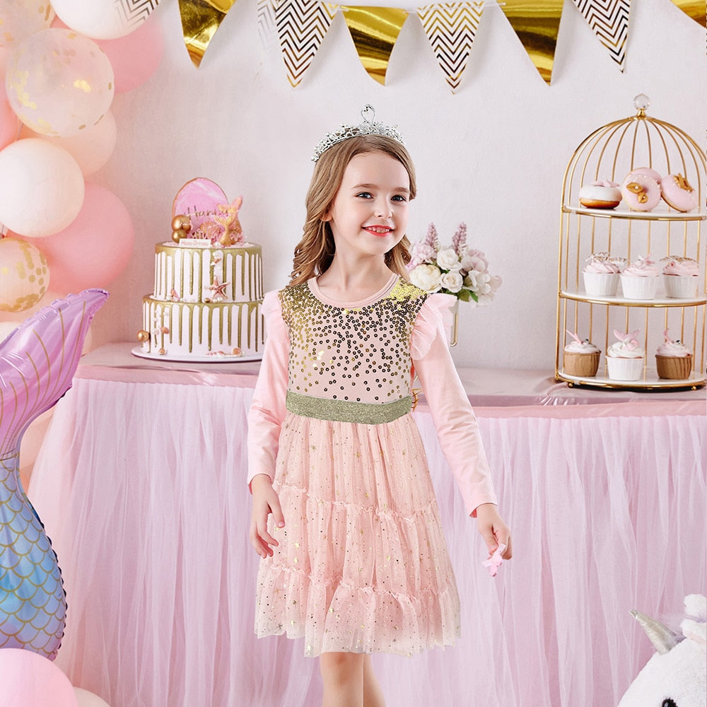 VIKITA Girls Princess Dress Unicorn Sequins Long Sleeve Autumn Dress Kids Birthday Party Wedding Tulle Dresses Children Clothing