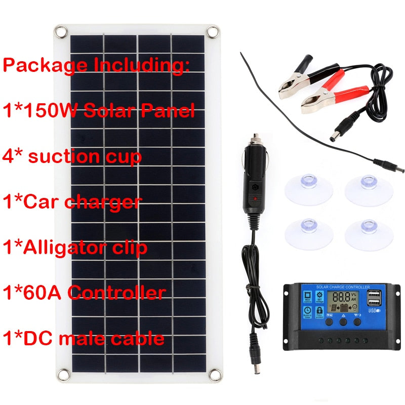 150W 300W Solar Panel Kit 12V Charge Battery With 30A 60A Controller Module 2 USB Port Cell Battery Power Bank for Phone RV Car