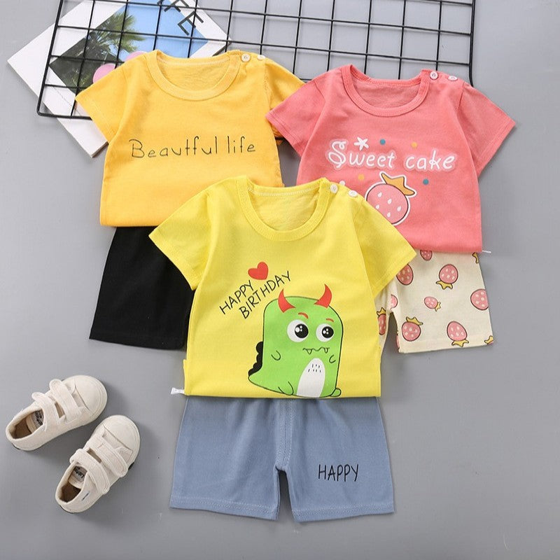 2022 Summer Baby Short-sleeved Shorts Suit Cotton Cartoon Casual Boys and Girls T-shirt Shorts Clothing Kids Clothing