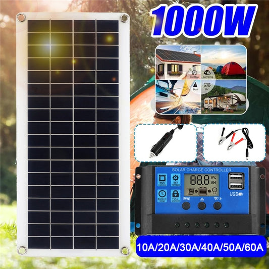 1000W Solar Panel 12V Solar Cell 10A-60A Controller Solar Panel for Phone RV Car MP3 PAD Charger Outdoor Battery Supply