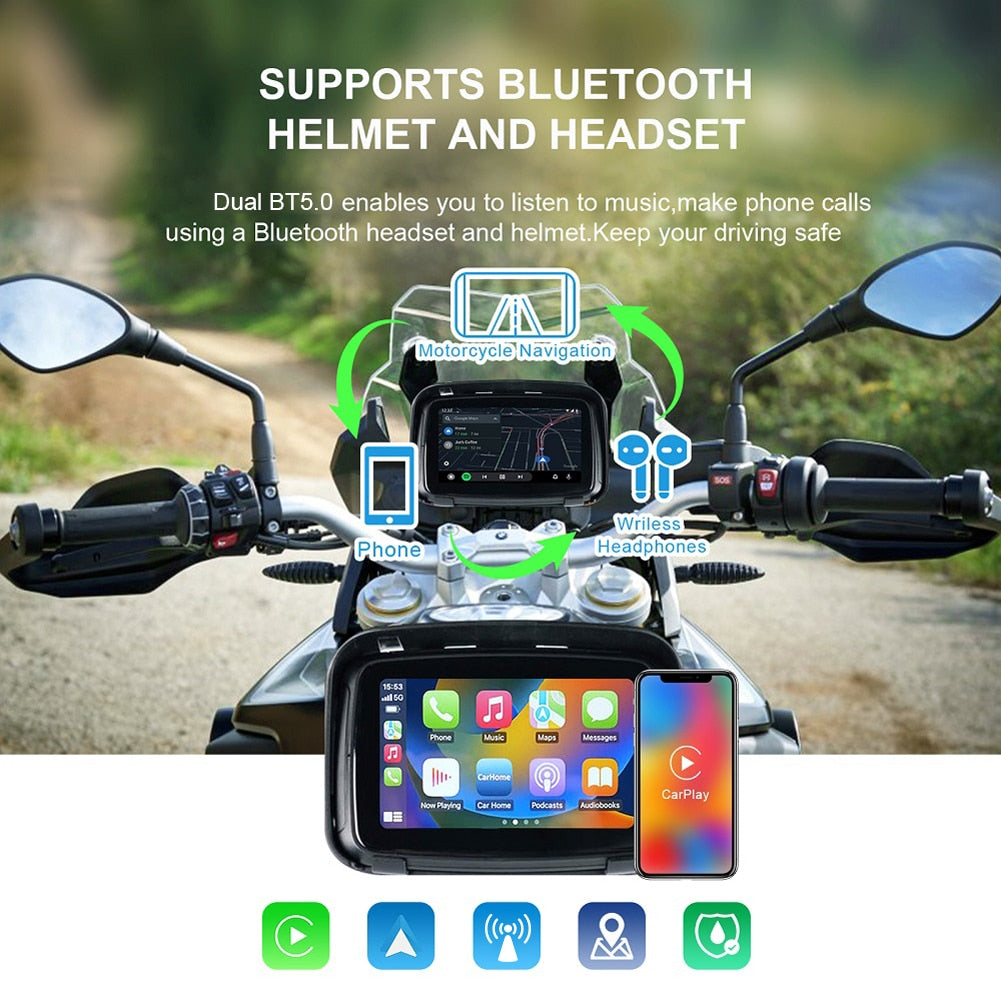 5 Inch Portable GPS Navigation Motorcycle Carplay Display Touch Screen IPX7 Waterproof Motorcycle CarPlay Wireless Android Auto